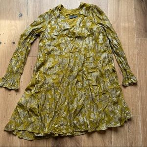 Anthropologie Green & Metallic Print Dress Size Small